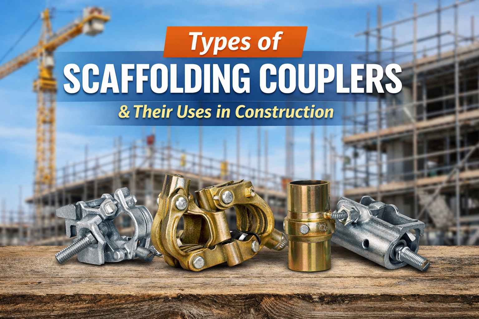 Various scaffolding couplers displayed on wood with a construction site background and text.